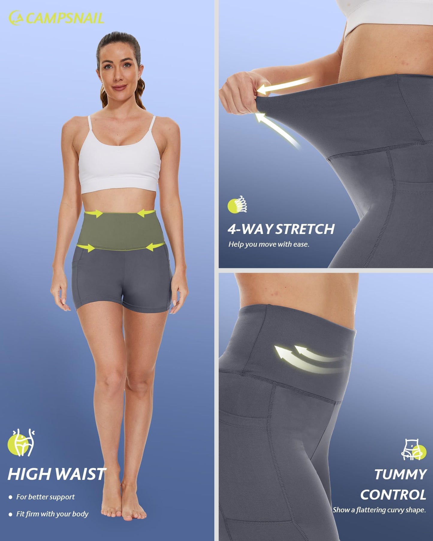 CAMPSNAIL Biker Shorts Women with Pockets - 3"/5"/8" High Waisted Workout Spandex Tummy Control Gym Running Yoga Shorts Dark Grey