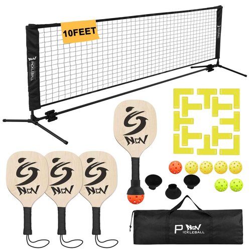 NQV Half Court Pickleball Net Set - 10FT Net+4 Wood Paddles+8 Balls+4 Ball Retrievers+1 Court Marking Kit+1 Bag, Pickleball Kit for Driveway Adults Beginners Pros