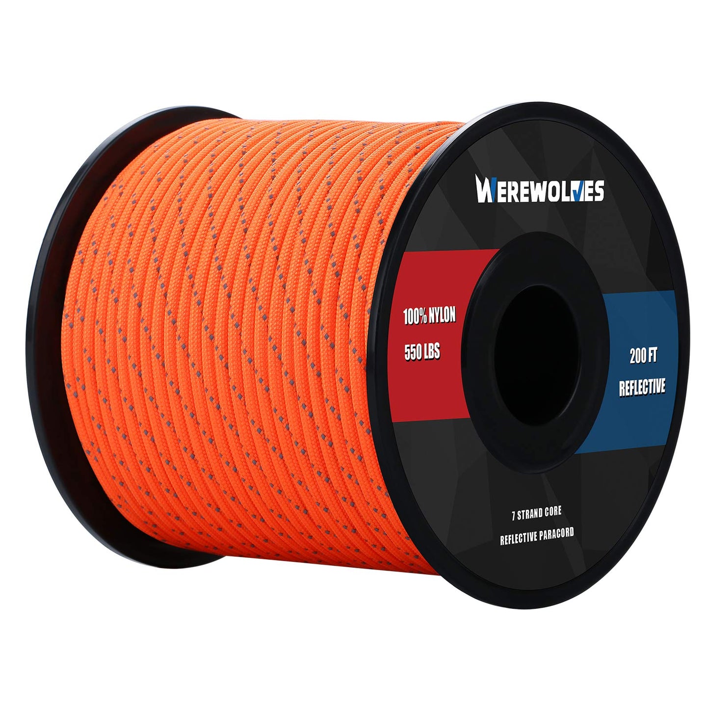 WEREWOLVES Reflective 550&176 lb Paracord - Nylon, Rope Roller,7&3 Strand Utility Parachute Cord for Camping Tent, Outdoor Packaging