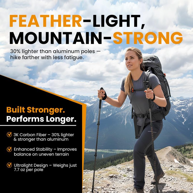 TRAILWORX 3K Carbon Fiber Trekking Poles, Collapsible Set of 2 Lightweight Adjustable Hiking Poles 24.5"-54" with Cork Grip, Tungsten Carbide Tips, Black, Includes Carry Bag, Snow & Mud Baskets