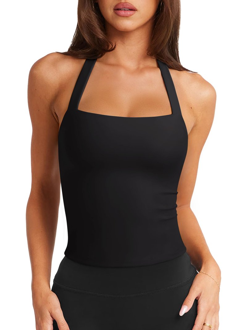 LASLULU Womens Square Neck Workout Tops Black Sports Bra Longline Padded Bra Sexy Halter Tank Athletic Summer 2026 Running Yoga Pilates Tops(Black Small)