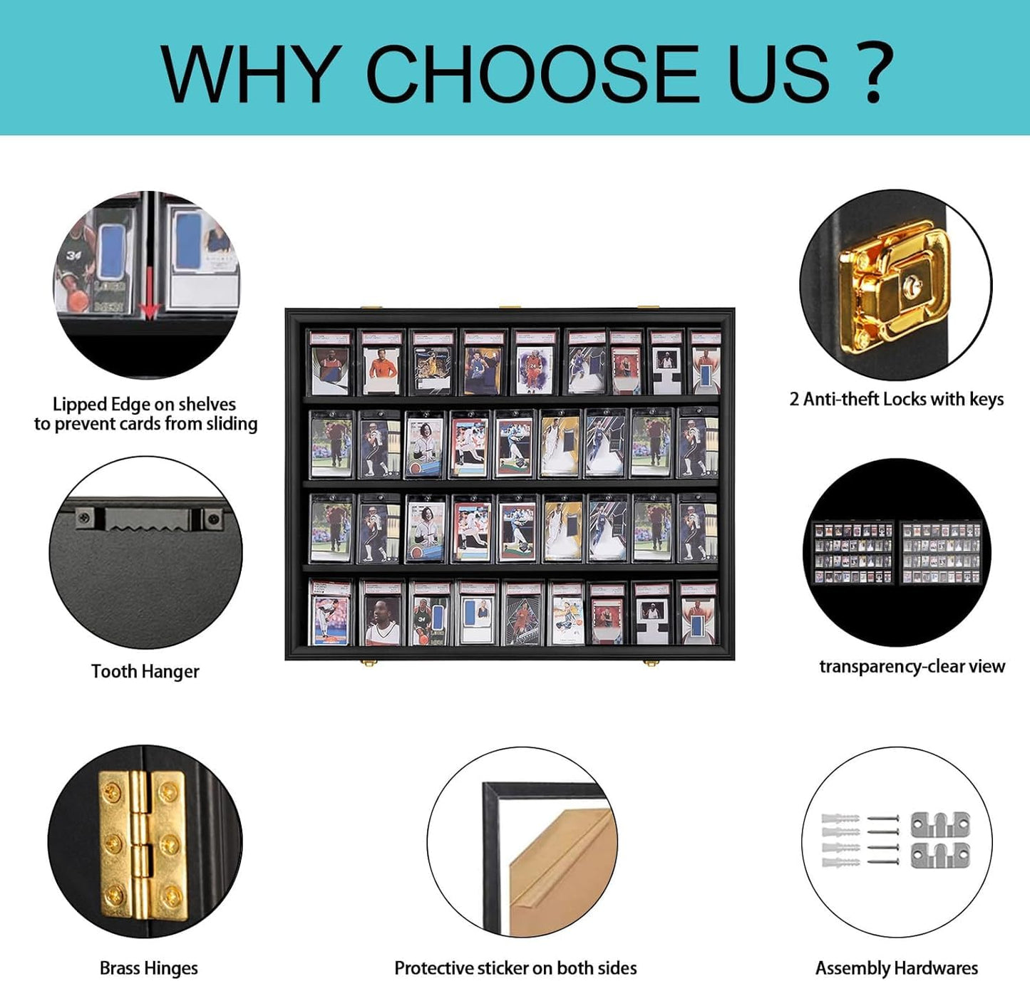 VERANI 36 Baseball Card Display Case, Graded Sports Card Display Frame with UV Protection & Lock, Large Wall Cabinet for Football Hockey Basketball Trading Cards (31x24.3x2.1 in)