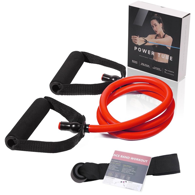 Single Resistance Bands with Handles for Working Out Women and Men, Exercise Bands with Door Anchor, Stretch Bands for Home Workouts, Simple Guide Included (Light-red-20 lbs)
