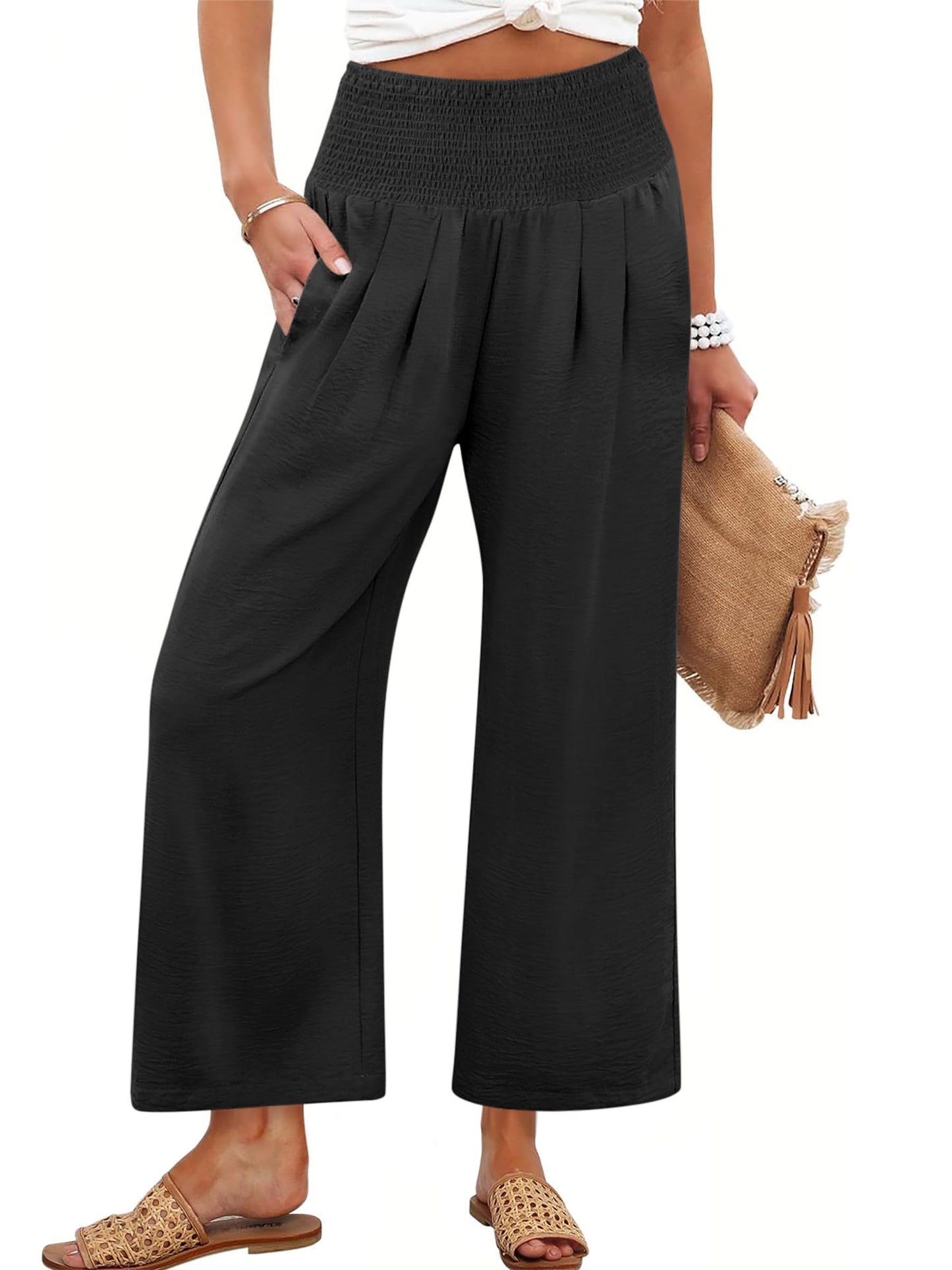 ANRABESS Womens Wide Leg Palazzo Pants with Pockets,Black,L