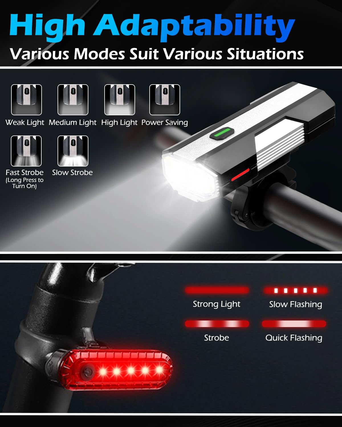 Voph Bike Lights, 6+4 Modes Rechargeable Type-C Bike Light for Night Riding, Anti-Dazzle High Lumen LED Bike Lights Front and Rear, Bicycle Light Set Front and Back for Kids, Cycling, Biking, Road