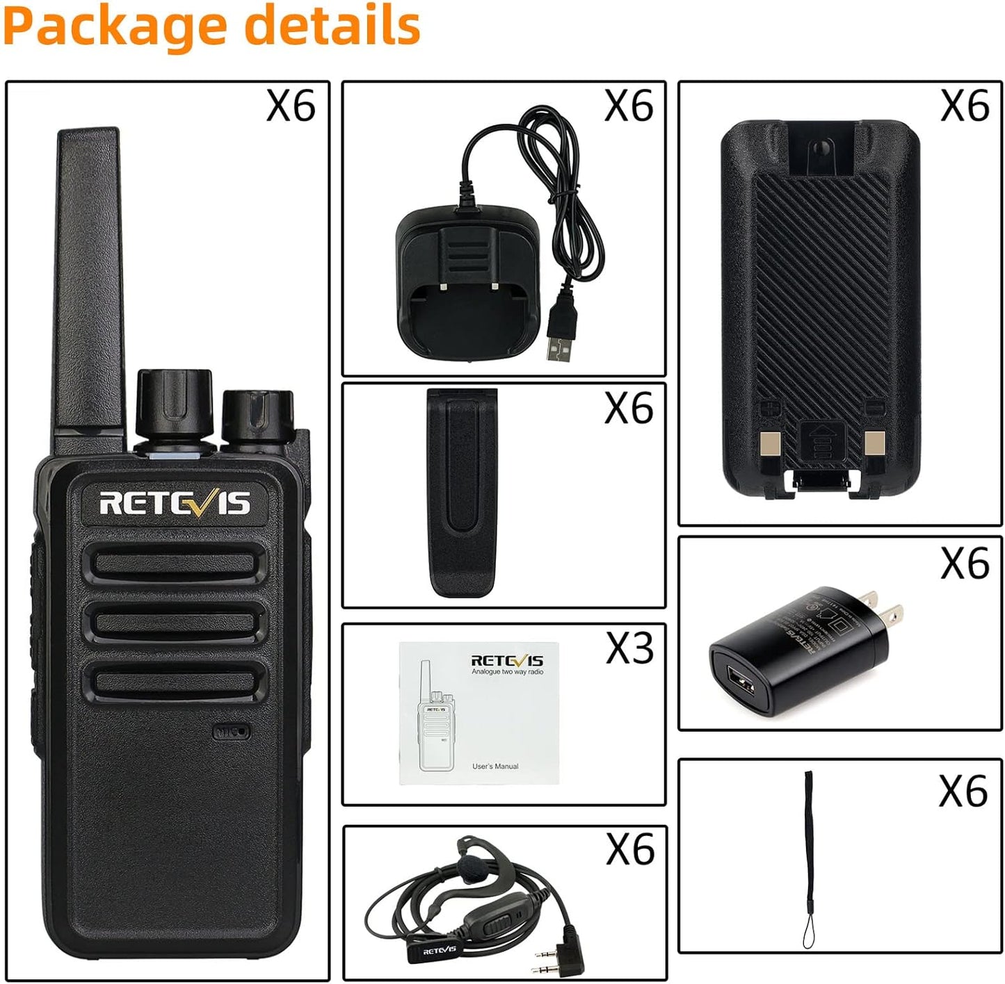 Retevis RT68 Two Way Radios - Heavy Duty Walkie Talkies for Adults | Long Range Rechargeable with USB Charging Base (6 Pack)