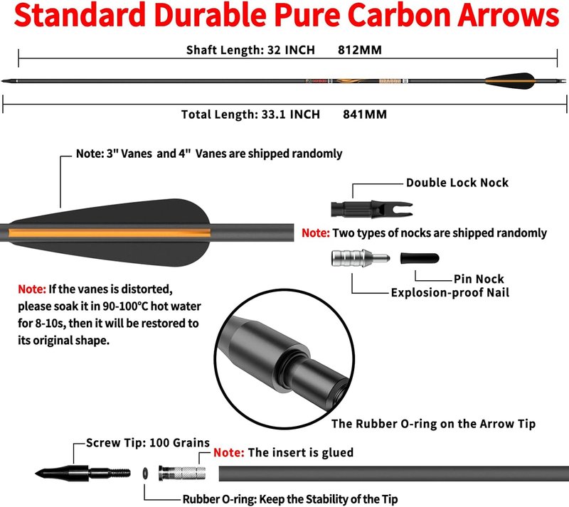 100% Pure Carbon Hunting Arrows - Olympic-Grade 10 Spine Deflection | Straightness 0.001" to 0.006" | 12 or 24 PCS for Compound & Recurve Bows