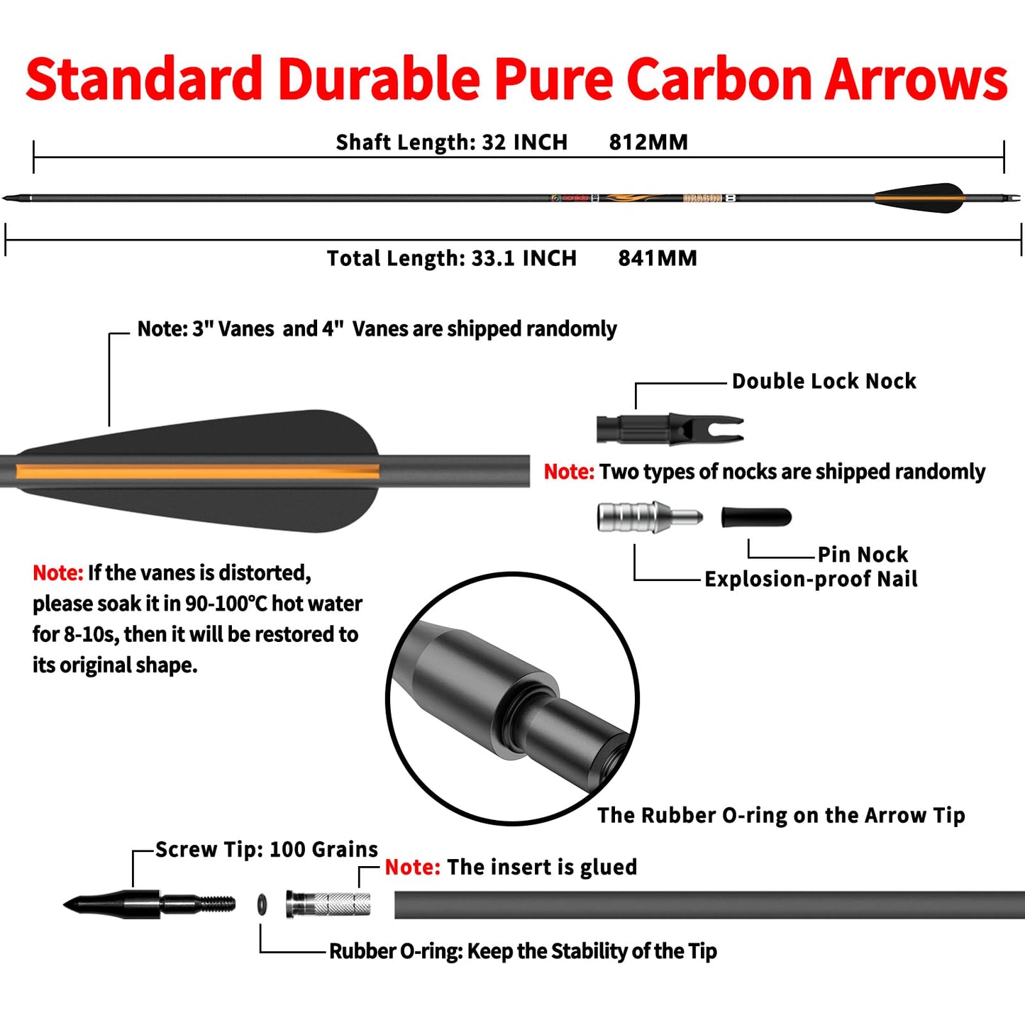 sanlida Dragon 8 100% Pure Carbon Hunting Arrows, 32" Ready-to-Shoot Arrows with Inserts, ±0.006" Straightness, 10-Spine Options, for Compound & Recurve Bows, 24 Pack (320 Spine)