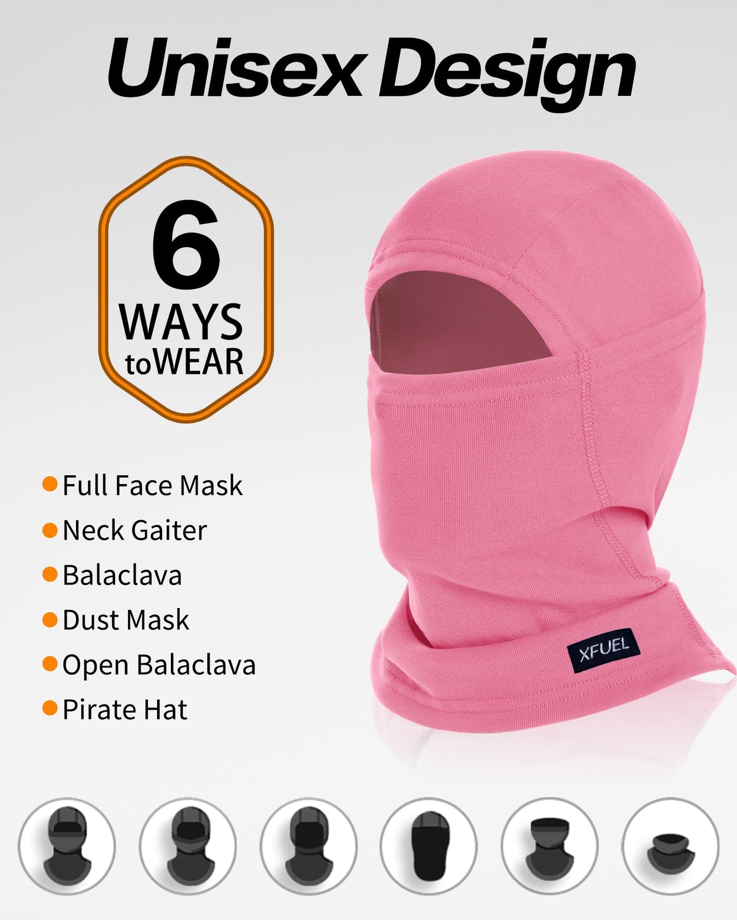 XFUEL Ski Mask Balaclava for Men Women Windproof Thermal Winter Full Face Mask Cold Weather Skiing Snowboarding Neck Gaiter (US, Alpha, One Size, Medium, Black+Orange)