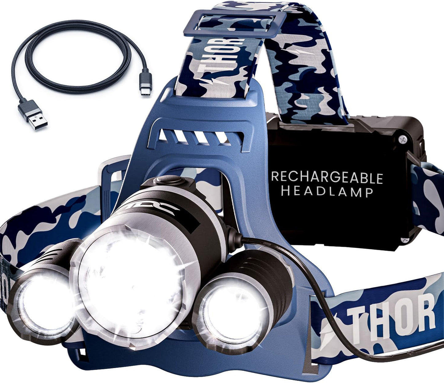 TDC Camo Rechargeable Headlamp - Zoomable LED Headlamp - Headlamp Flashlight USB - Waterproof Headlamps for Head, Forehead