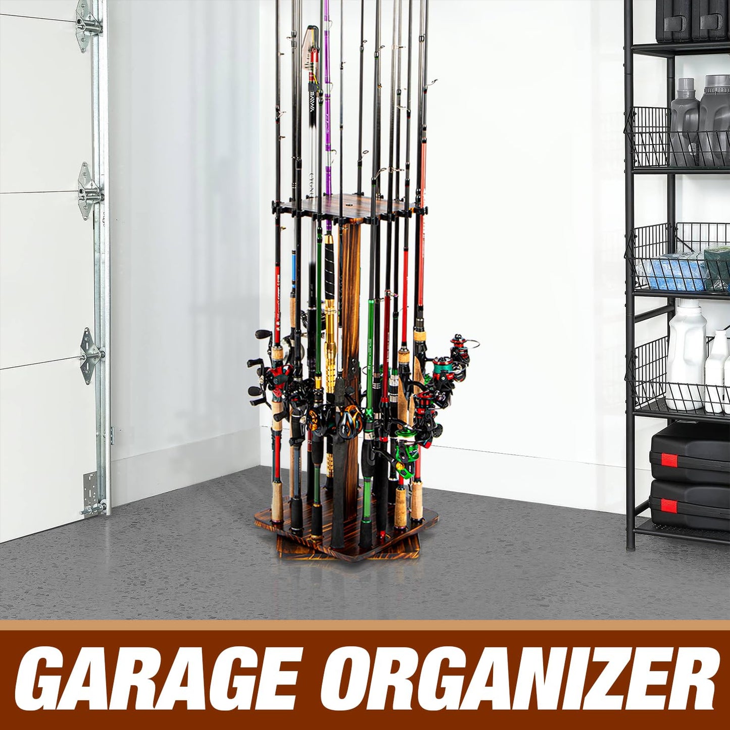 Ghosthorn Rotating Fishing Rod Holder for Garage,Wood Floor Stand Pole Rack