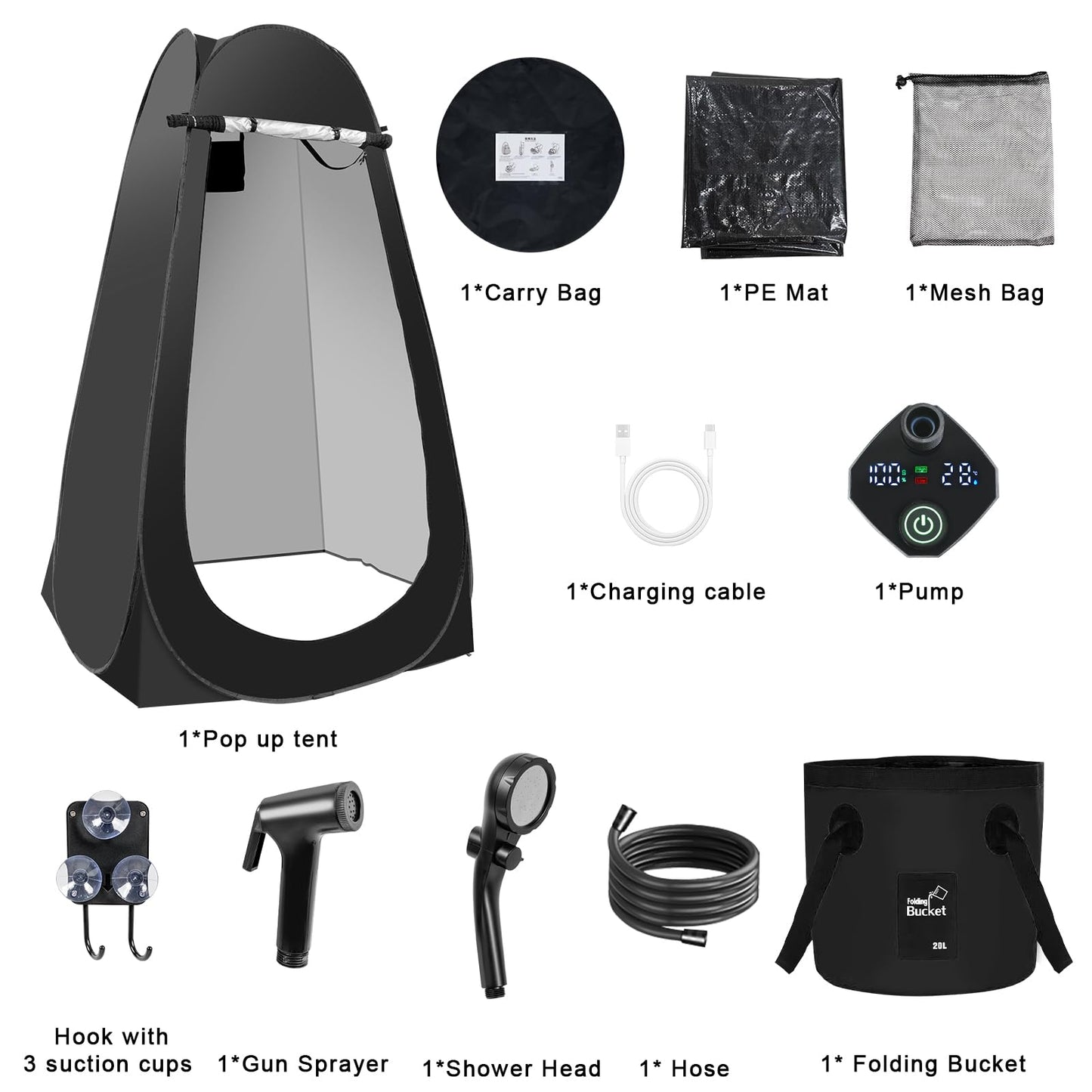 Pop Up Shower Tent for Camping, Portable Outdoor Privacy Shower Tent with 6000mAh Rechargeable Shower (Black)