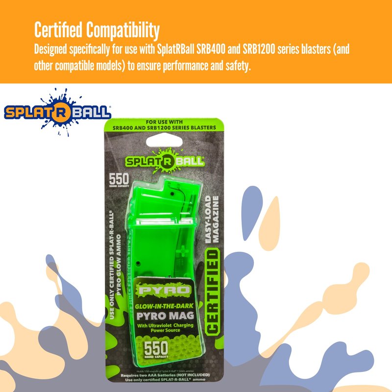 SplatRBall Pyro Glow‑in‑The‑Dark Gel Bead Blaster Magazine - 550 Round Capacity - LED - Green