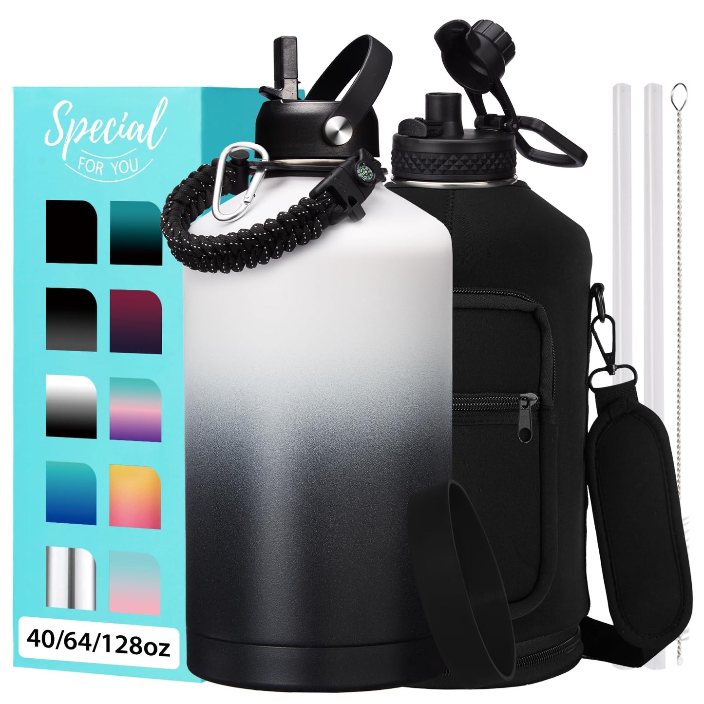 1 Gallon Water Bottle Insulated - 128 oz Water Jug with Straw Spout Lid, Paracord Handle, Carrying Bag, Protective Cup Mat, Big Stainless Steel Water Bottles, Metal Canteen for Camping Sports Gym