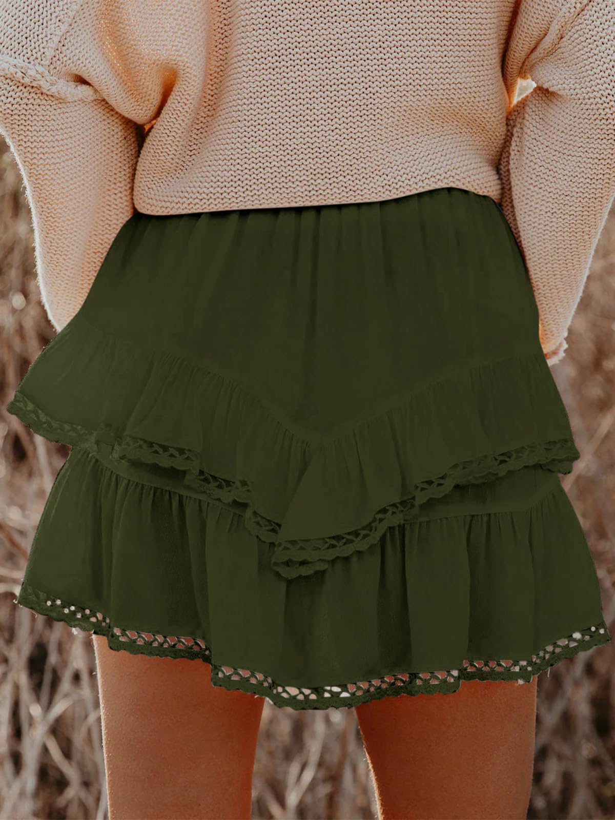Aoudery Flowy Shorts for Women Casual Boho Ruffle Tiered Skorts High Waist Mini Skirts Golf Tennis Butterfly Crochet Shorts - Oliver Green XS