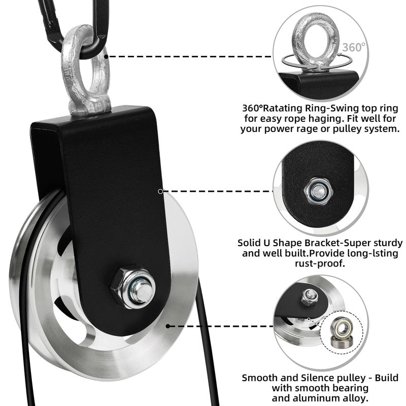 LFJ Aluminum Alloy Cable Pulley with Swing Strap Carabiner, 90mm Pulley Wheel for LAT System DIY Pull Down Attachment,Ladder Lift,Home Gym Equipment (Aluminum Alloy, Silver)
