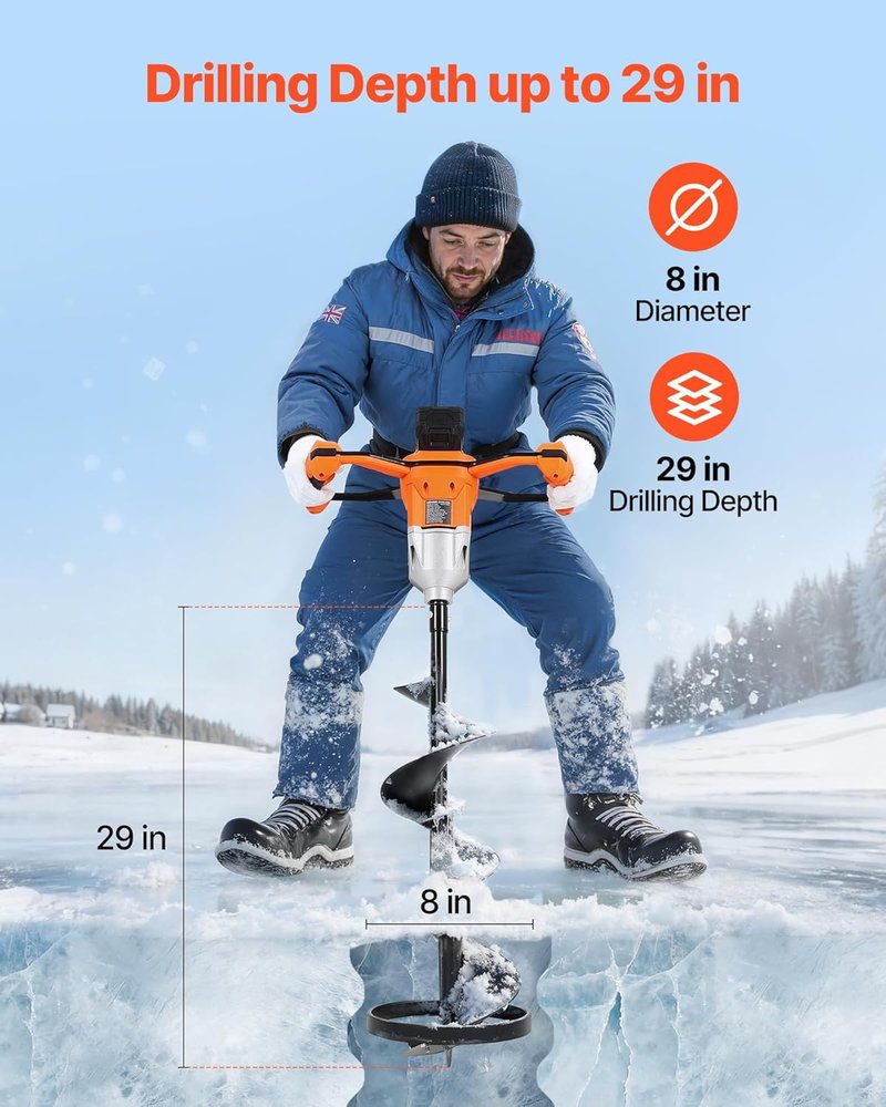 VEVOR Electric Ice Auger - 8 Inch Diameter, 20V/40V Battery Powered, Turbo Cutting System | 2-in-1 Ice Fishing & Earth Auger