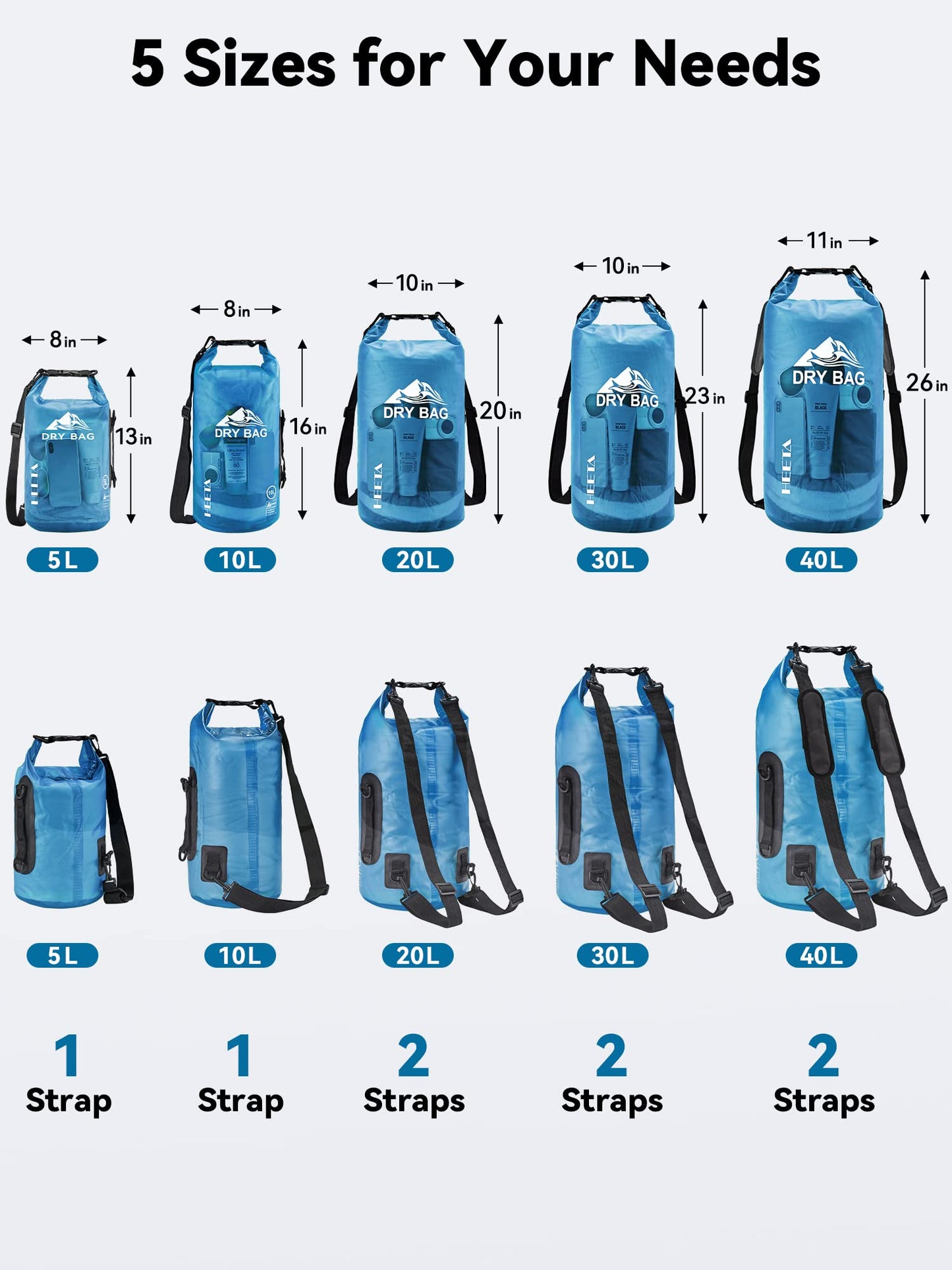 HEETA Dry Bag Waterproof for Women Men, Roll Top Lightweight Dry Storage Bag Backpack with Phone Case for Travel Swimming Boating Kayaking Paddle Board Camping Beach Accessories (Blue, 30L)