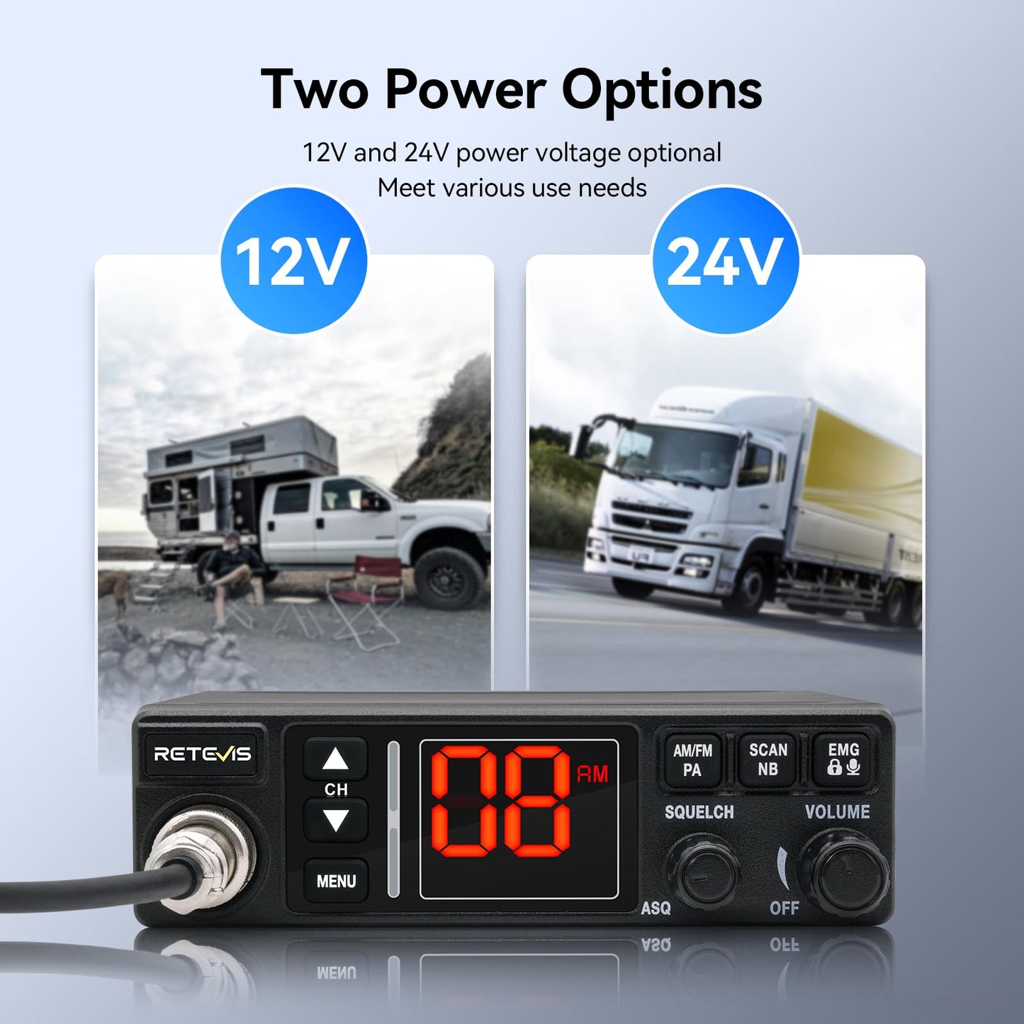 Retevis MB3A 40-Channel AM/FM CB Radio Kit - Long Range Trucker Radio with Antenna, 12V/24V Cigarette Lighter, Noise Limiter, PA, Emergency Channels 9/19, Cooling System