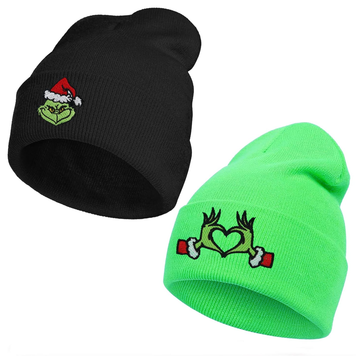 Grinchmas Knitted Hat 2PCS Christmas Hat Unisex Anime Character Knitted Hat for Men Women Winter Knit Warm Hat Embroidery Black