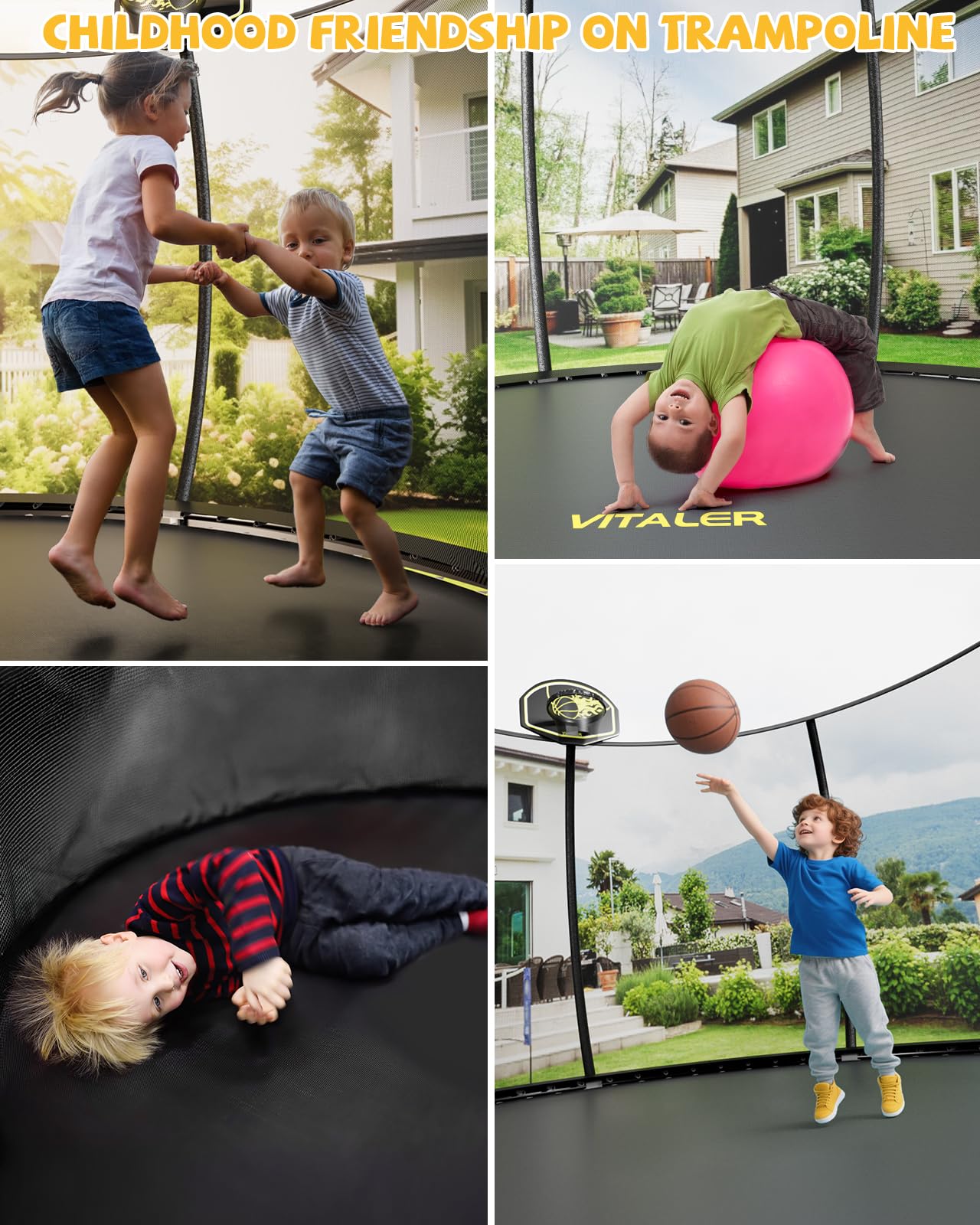 Vitaler Trampoline Outdoor 12FT with Basketball Hoop and Net Enclosure, Recreational Trampolines for Kids and Adults, Outdoor Backyard Trampoline with Anti-Rust Coated Frame, ASTM Approved