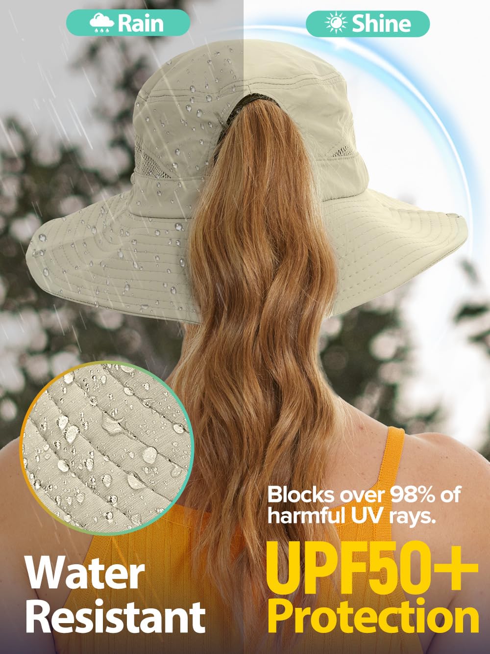EW East Water Sun Beach Hat for Women, UPF50+ Waterproof with Ponytail Hole