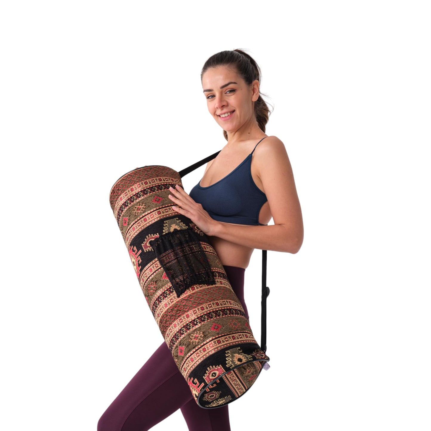 Wom Hands Light Weight Yoga Mat Bag for standard types and Thick (0.5 inch) Exercise Yoga Mat, Authentic Local Design Yoga mat carrier with Adjustable strap and Large Pocket for Women