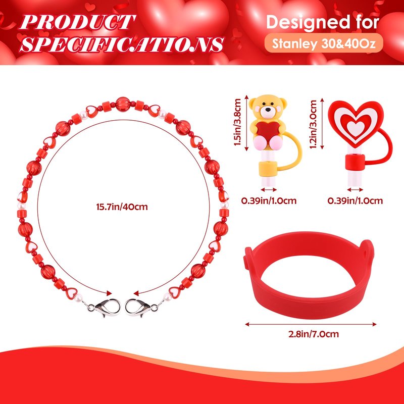 WINOWIMO 8 Pcs Valentines Day Accessories Set for Stanley Cup 30&40 Oz, Red Silicone Glitter Boot 2 Pcs Straw Covers Pom-Pom Charm Heart Charm Water Bottle Handle, Valentines Day Gifts for Her Girls