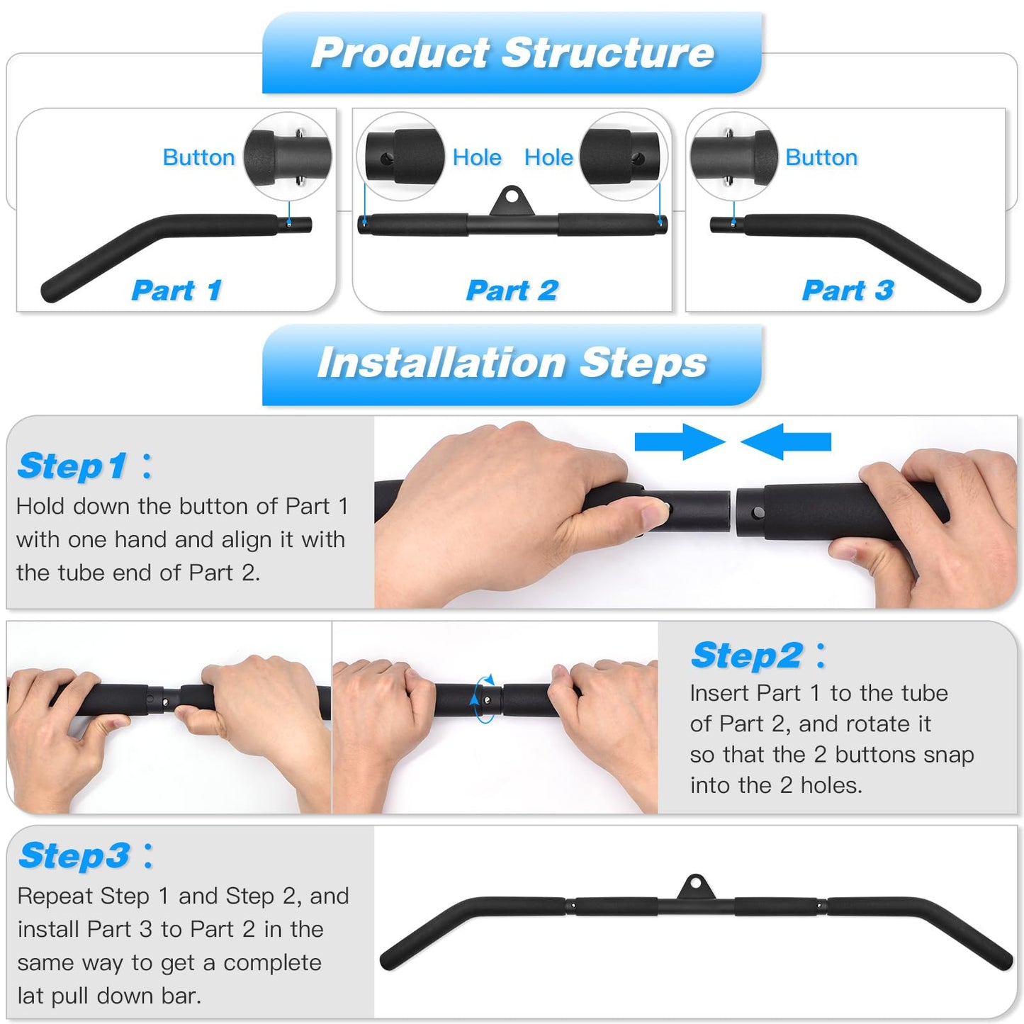 XonyiCos LAT Put Down Bar Cable Machine Attachment, Gym 39.37In Bar for LAT Putdown, Home Gym Exercise Accessories Fitness Bar with Rubber Handle