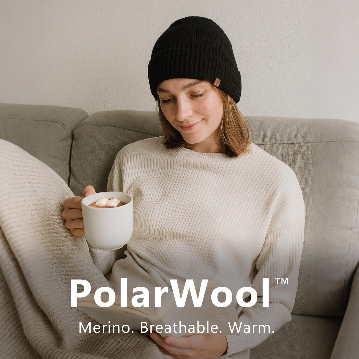 PolarWool™ 80% Merino Wool Beanie Satin Lined Cuffed Watch Fisherman Cap Oversized Big Head Winter Hat for Men Women Outdoor Work Black XL/XXL
