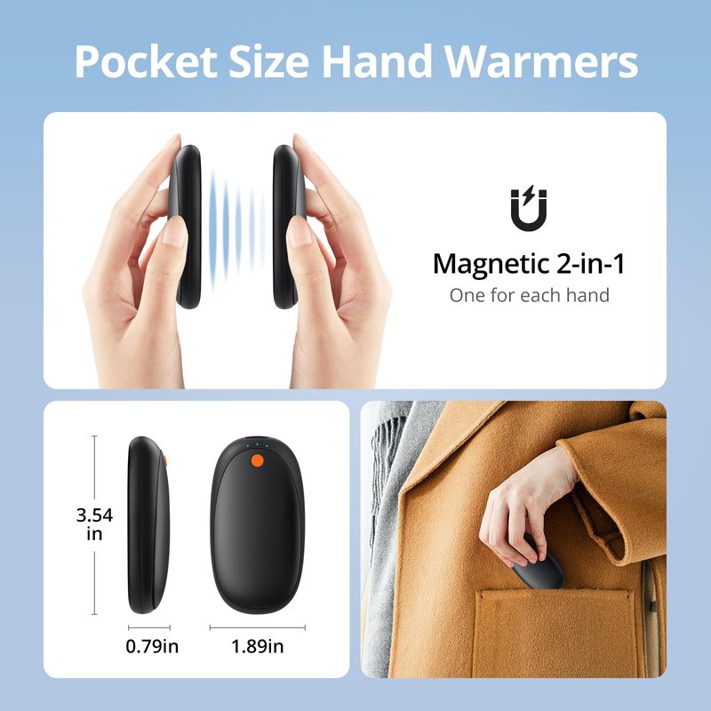 20H AI Hand Warmers Rechargeable 2 Pack, 6000mAh Portable Pocket Heater, Fast Heating Hand Warmer, Stocking Stuffers, White Elephant Gifts, Gifts for Men & Women