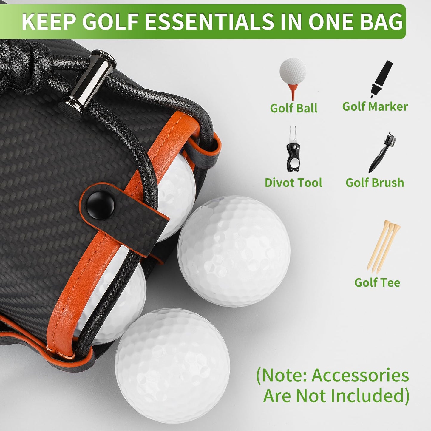 T-carbon Travel Gear Professional Valuables Golf Pouch;Bucket Waist Design Bag with Drawstrings;Carbon Fiber and Leather Golf Tee Bag for Glofers Men Women Very Practical Orange