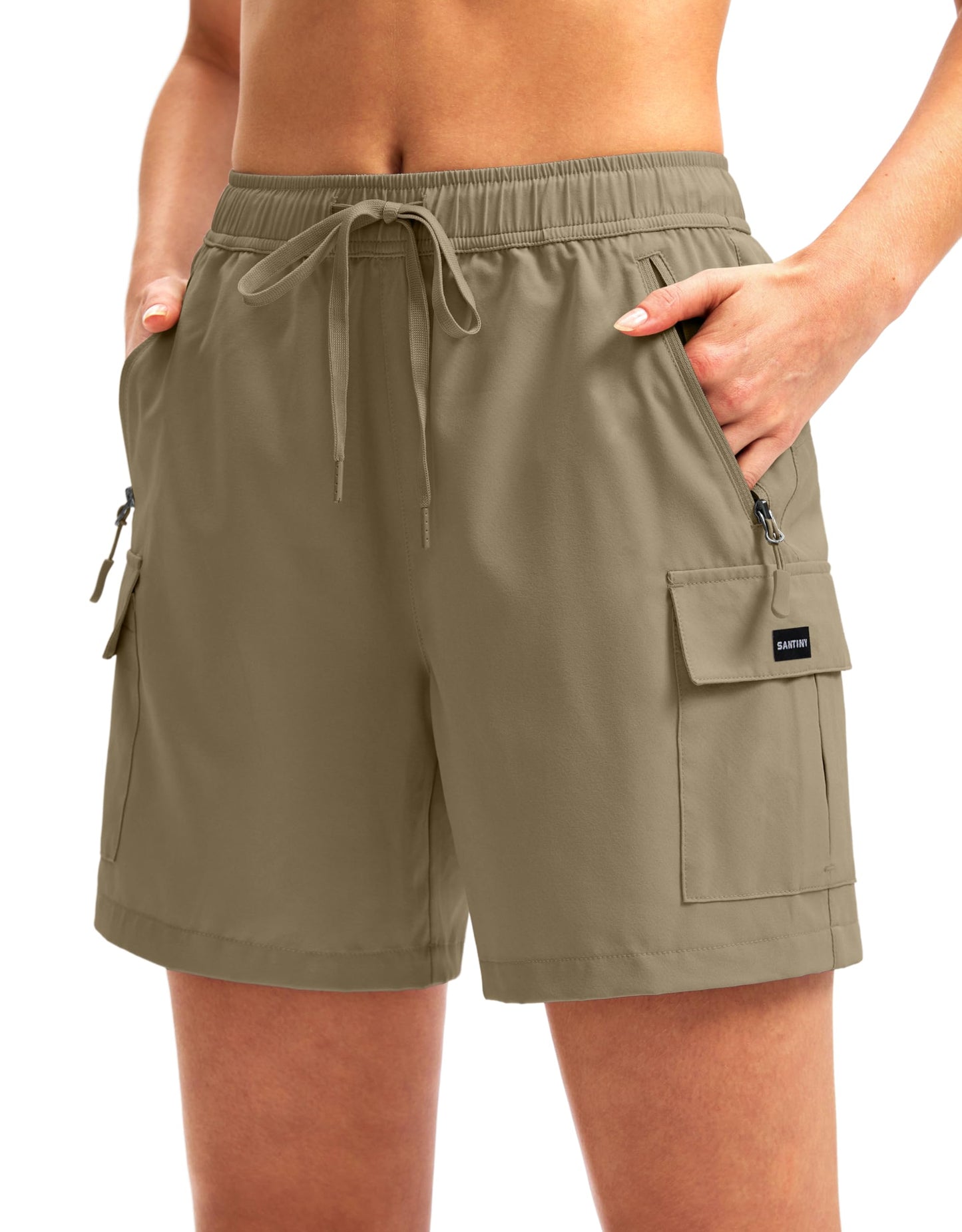 SANTINY Women's 5''/ 7''/9'' Hiking Cargo Shorts Quick Dry Lightweight Summer Shorts for Women Athletic Golf Zipper Pockets(Dusty Khaki_L)