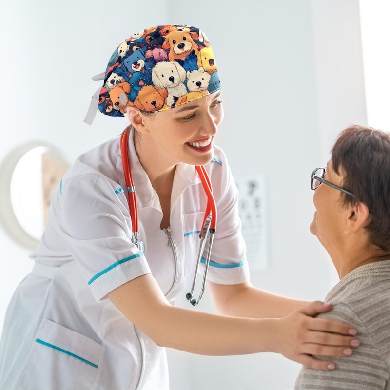 Scrub Caps Women with Button,Adjustable Bouffant Surgical Caps with Ponytail Pouch,Colored Cartoon Seamless Dogs Working Cap with Bow