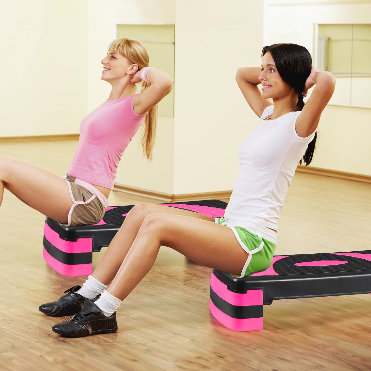 JungleA 31" Aerobic Step Platform, 3 Levels Height Adjustable Steppers For Exercise at Home Gym, Cardio Workout Step Platform Wide Bench, 4 Stackable Risers, Non Slip Fitness Stepper Up Box, Pink