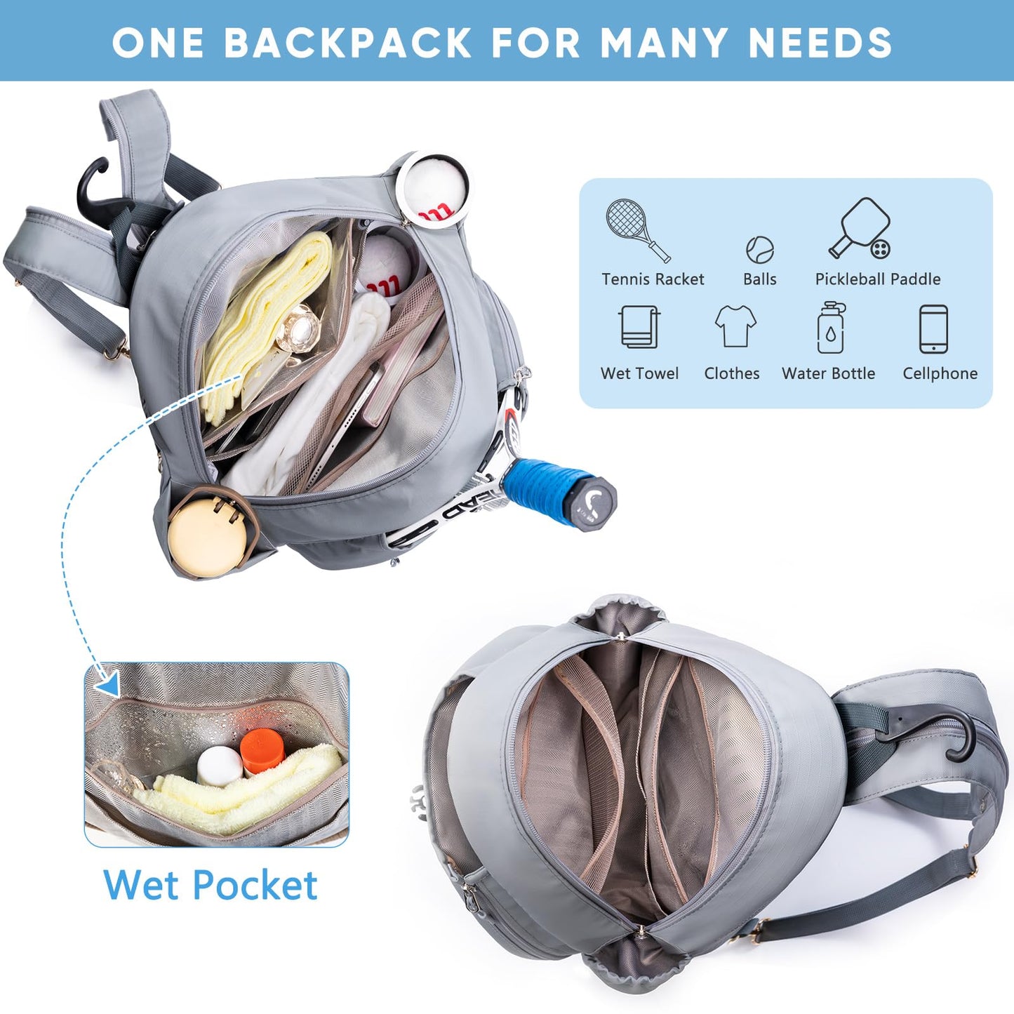 SPORJET Tennis Backpack with 2 Rackets Holder, Water-Resistant PU Leather Tennis Racket Bag for Women & Men, Sling Crossbody Sports Backpack for Tennis, Pickleball & Badminton, Tennis Gifts
