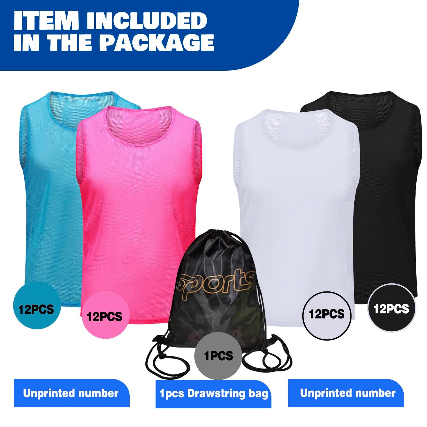 PULUOMASI 12/24/48PCS Pinnies Youth Team Pennies for Sports Kids and Scrimmage Vests for Soccer Basketball Jersey Practice