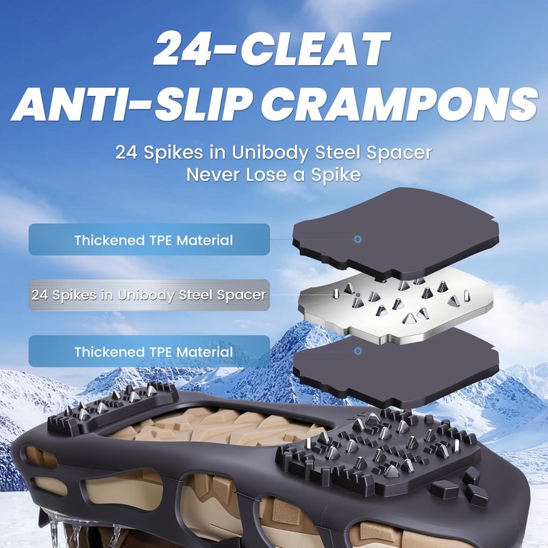 Ice Cleats, Ice Cleats for Shoes and Boots, Crampons for Shoes with 24 Spikes Anti Slip Snow Shoes (X-Large)