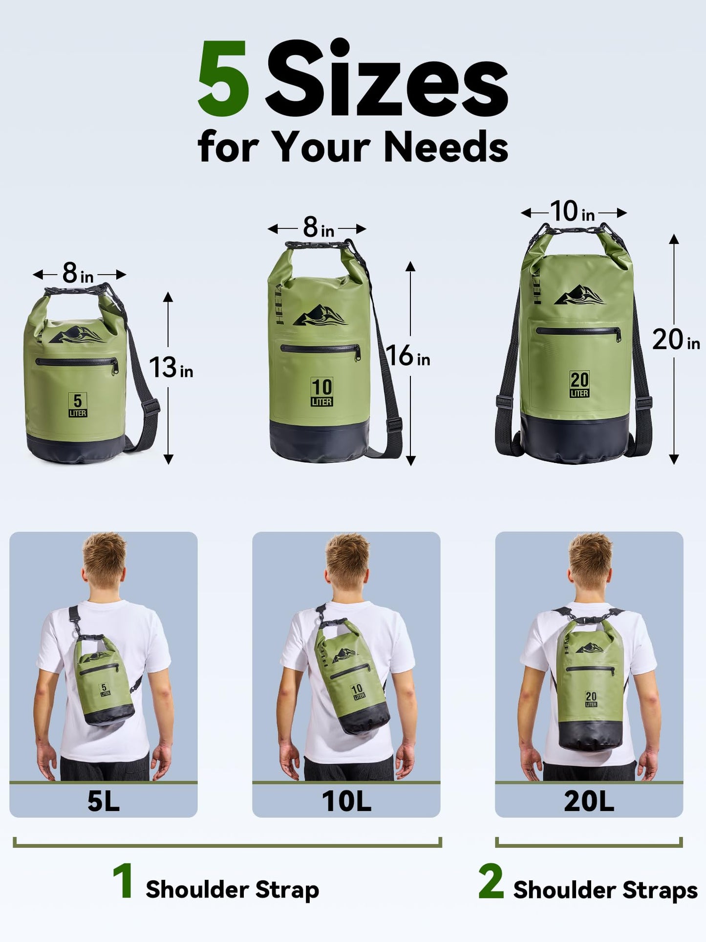 HEETA Waterproof Dry Bag with Front Zippered Pocket for Women Men, Roll Top Lightweight Dry Storage Bag Backpack for Travel, Kayaking, Boating, Rafting, Camping, Hiking & Beach (Green, 10L)