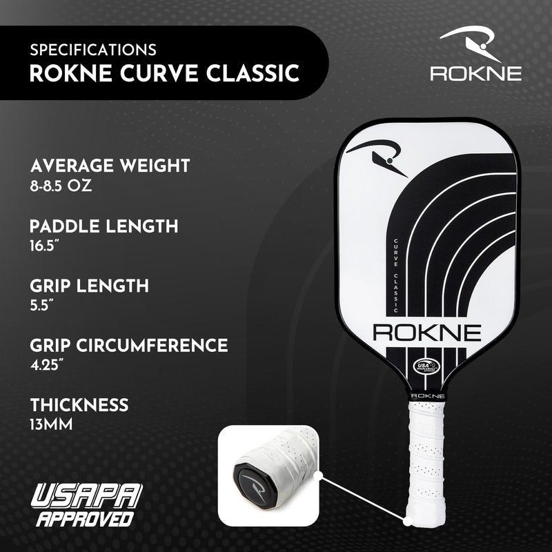 ROKNE Curve Classic Pickleball Paddle | USAPA Approved Fiberglass Pickleball Paddles | Precision Engineering & Comfort | ProGrit Texture for Max Spin & Power | Paddle