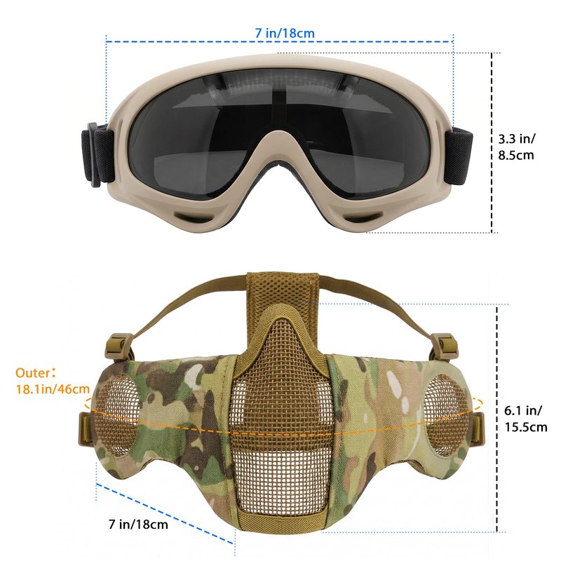 Yzpacc Airsoft Mask with Goggles, Foldable Half Face Airsoft Mesh Mask with Ear Protection for Paintball Shooting Cosplay CS Game