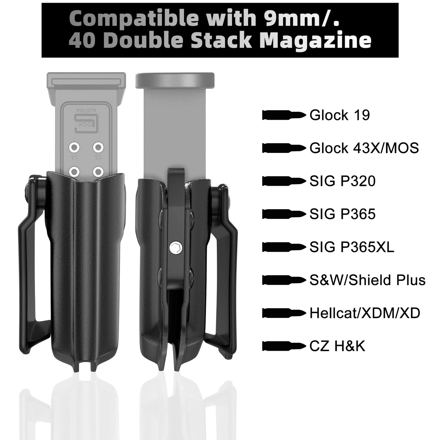 Jimtyee 2 Pack Universal Magazine Holster IWB/OWB Mag Carrier for Glock CZ S&W H&K SIG P365,for 9mm/.40 Double Stack Ambidextrous Kydex Magazine Holder