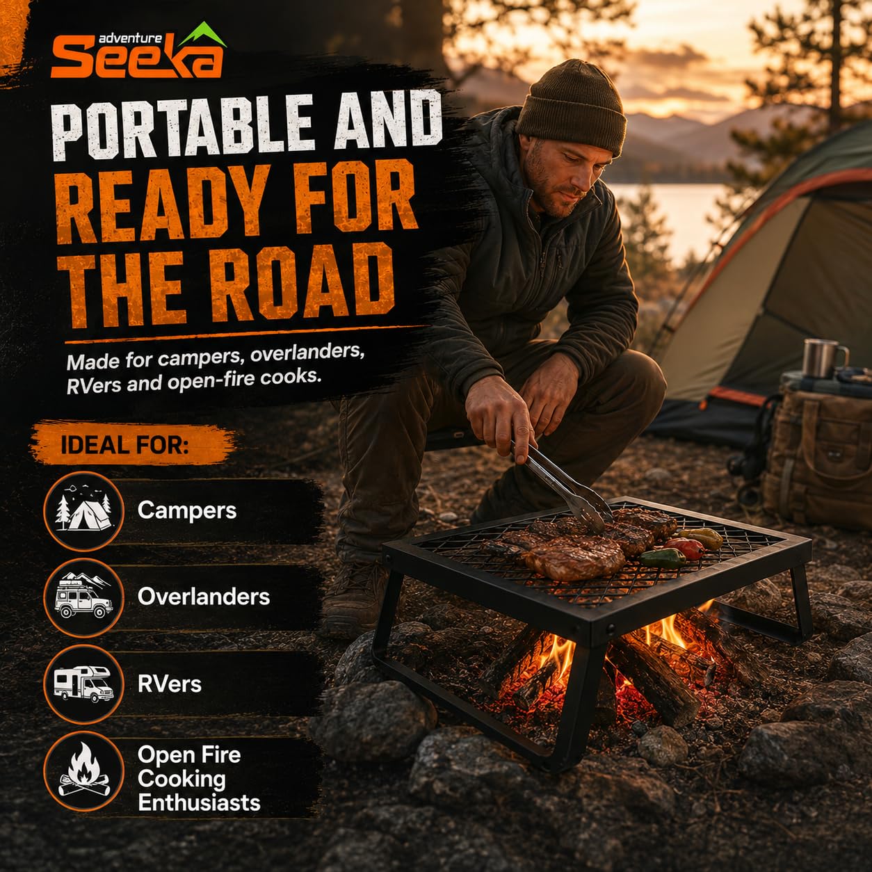 Adventure Seeka Folding Campfire Grill – Portable Over-Fire Grill with Food-Safe Coating, Heavy Duty Steel, Compact with Folding Legs - Camping, RV, Overlanding, Fire Pits