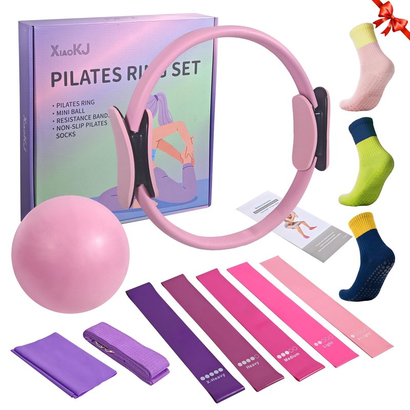 XiaoKJ Pilates Ring and Ball Set with 5 Resistance Bands - Pilates Equipment for Home Workout - Magic Circle Pilates Ring 14 Inch to Tone, Sculpt and Strengthen - Fitness Ring for Yoga and Pilates