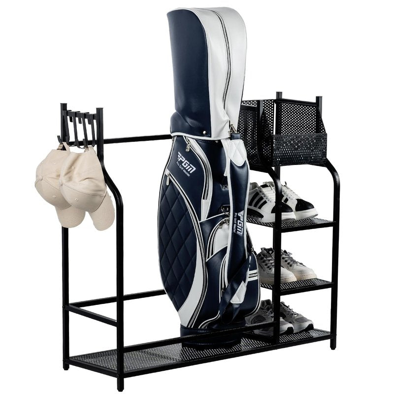 MyGift Golf Bag Stand for Garage, Black Metal Extra Large Golf Garage Storage Organizer with 4 Shelf Ball Holder, Shoe Organizer, and 5 Hook Hanger, Golf Accessories Gift for Men