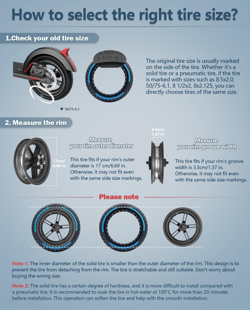 Felixstory 8.5x2.0 Inch Scooter Tire, Solid, Off road, Explosion-proof,50/75-6.1 Replacement Tire,Fit for Hiboy s2/ Aovopro es80 pro, Blue 1pc