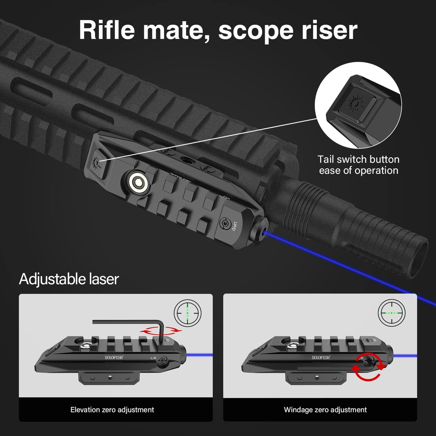 Solofish SL-1107 Picatinny Blue Laser Sight, Magnetic Rechargeable, Momentary, Strobe, Steady Modes, Durable Aluminum Design, Picatinny Riser Function, Easy Zero Adjustment