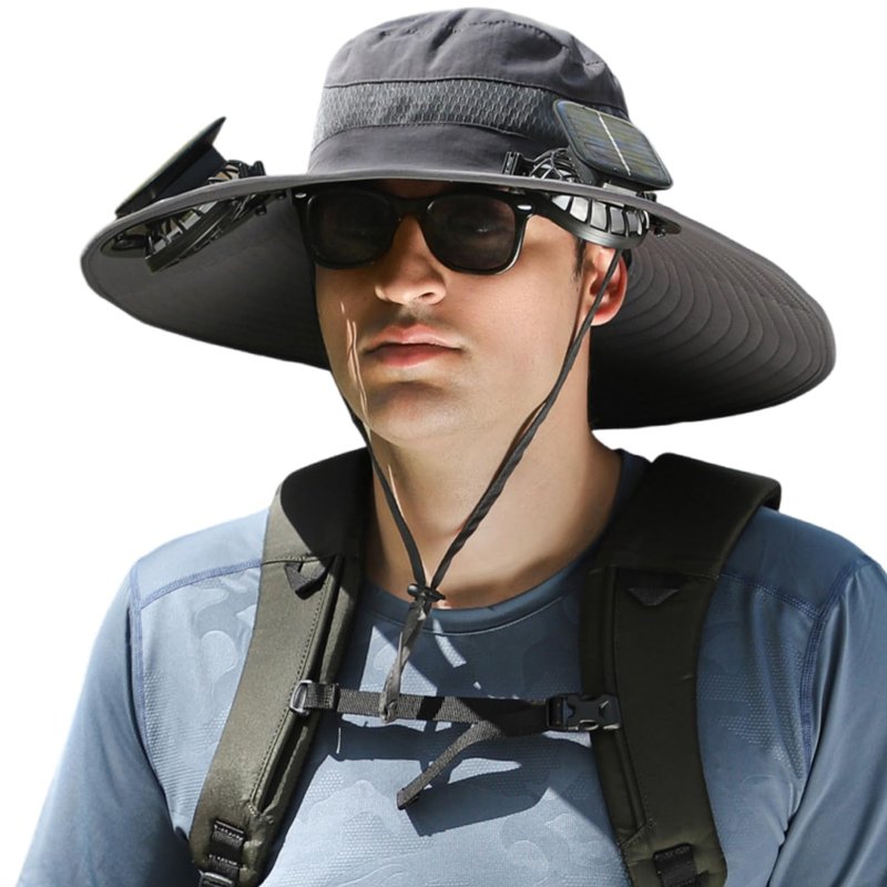 Solar Powered Fan Hat with 2 Removable Fans Wide Brim Sun Hat for Outdoor Fishing, Hiking Gardening, USB Solar Charging Sun Protection UPF 50+ (US, Alpha, One Size, Black)