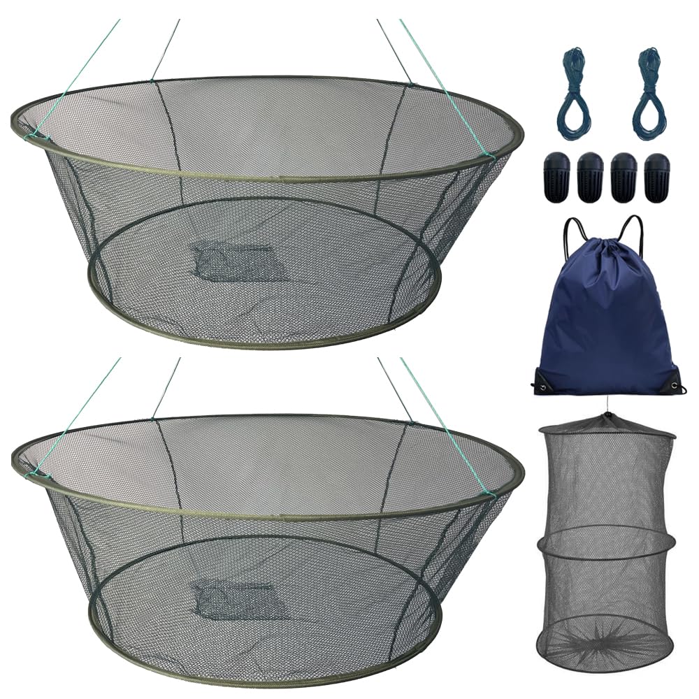2 Pcs Foldable Fishing Net,Crab Traps, Minnow Trap,Versatile Hand Casting Cage for Crabs Minnows Lobster Shrimp Crawfish and More