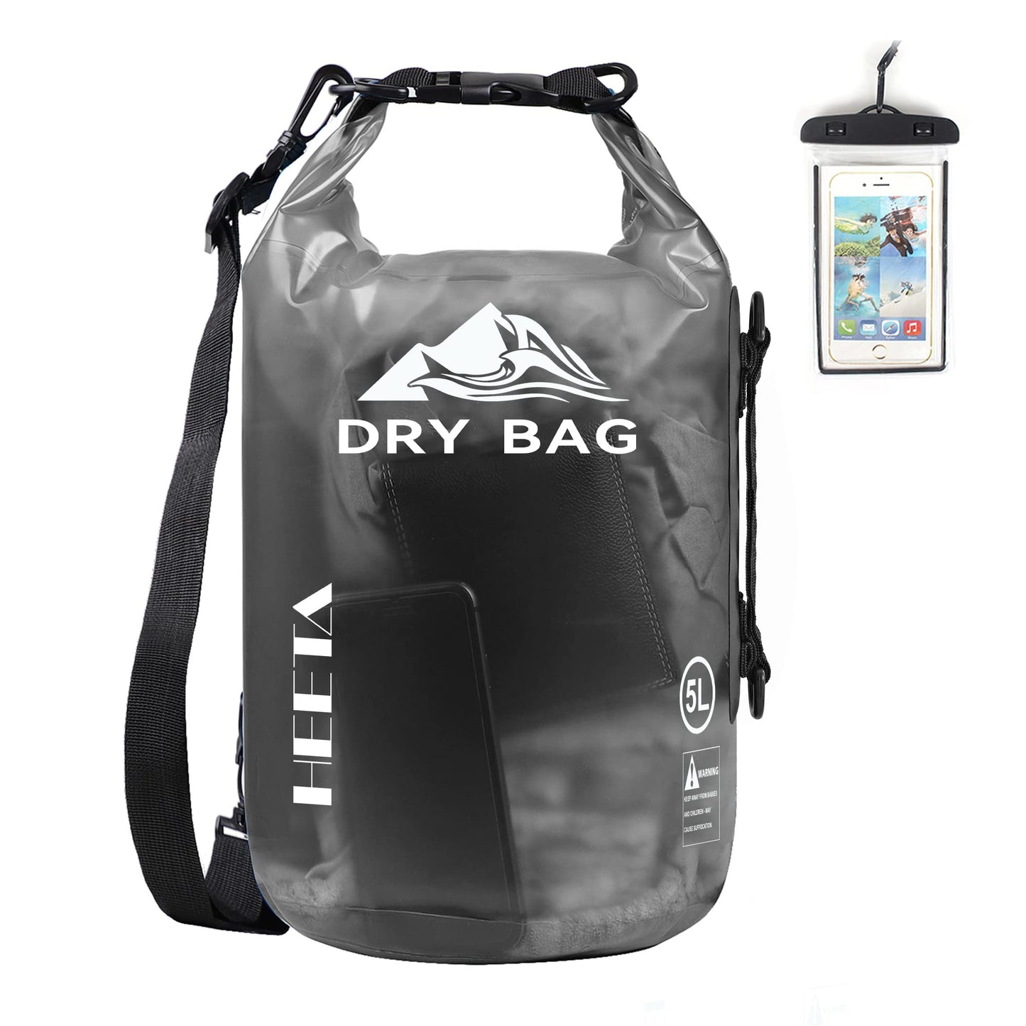 HEETA Dry Bag Waterproof for Women Men, Roll Top Lightweight Dry Storage Bag Backpack with Phone Case for Travel Swimming Boating Kayaking Paddle Board Camping Beach Accessories(Transparent Black,10L)